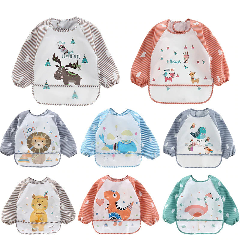 Cartoon Colorful Baby Bibs Long Sleeve Art Apron Animal Smock Baby Bib Burp Clothes Soft Feeding Eat Toddler Waterproof Smocks