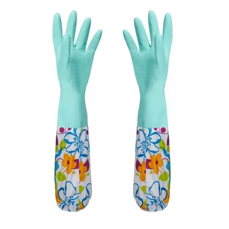 Flower Rubber Velvet Long Gloves Household Gloves Antiskid Household Dish Washing Cleaning Gloves