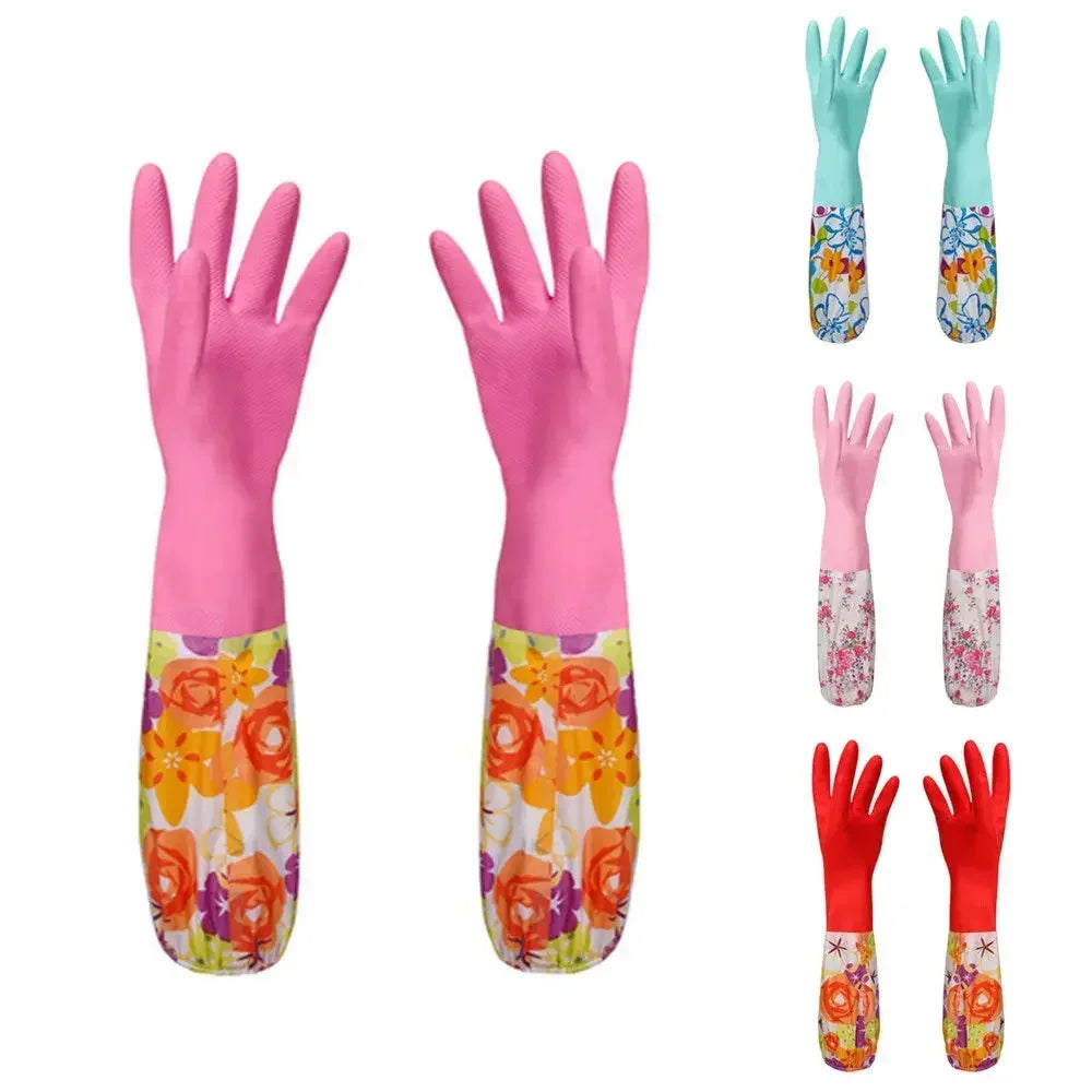 Flower Rubber Velvet Long Gloves Household Gloves Antiskid Household Dish Washing Cleaning Gloves