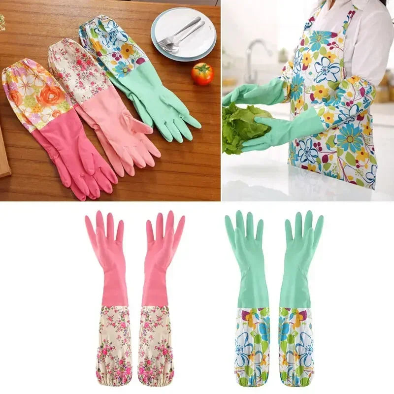 Flower Rubber Velvet Long Gloves Household Gloves Antiskid Household Dish Washing Cleaning Gloves