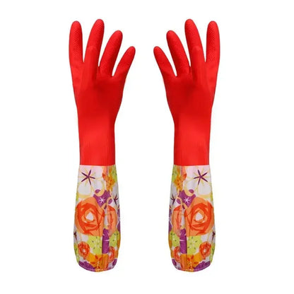 Flower Rubber Velvet Long Gloves Household Gloves Antiskid Household Dish Washing Cleaning Gloves