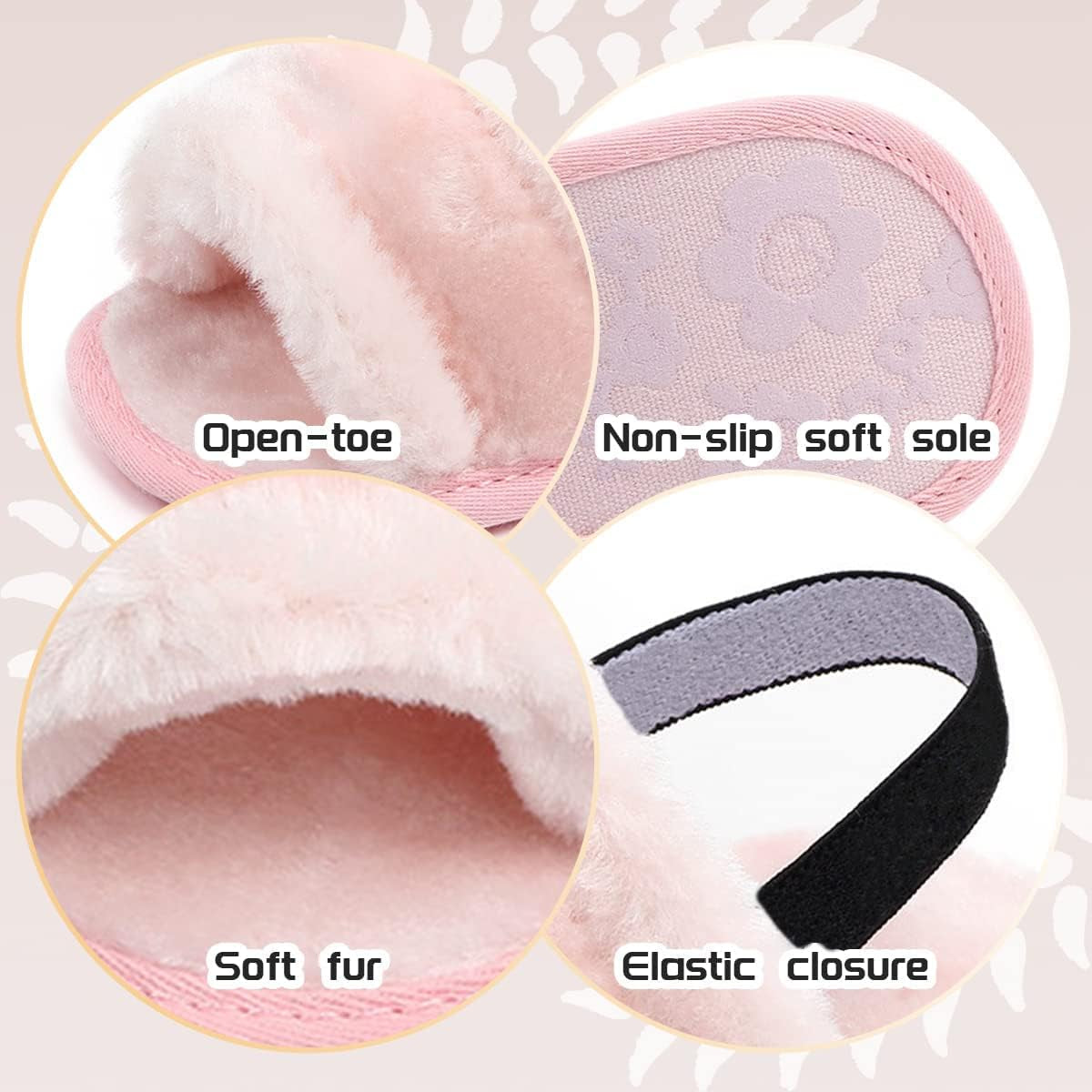 Infant Baby Girls Sandals Faux Fur Slides with Elastic Back Strap Flats Slippers Princess Dress First Walker Moccasins Shoes