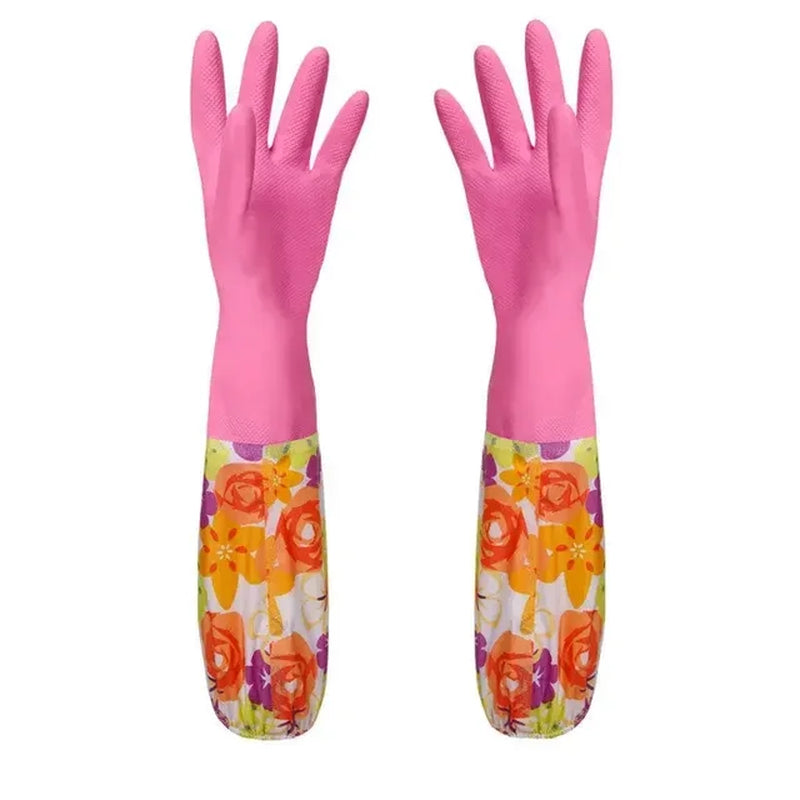 Flower Rubber Velvet Long Gloves Household Gloves Antiskid Household Dish Washing Cleaning Gloves