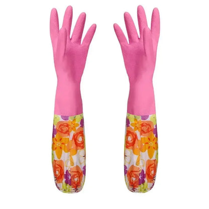 Flower Rubber Velvet Long Gloves Household Gloves Antiskid Household Dish Washing Cleaning Gloves