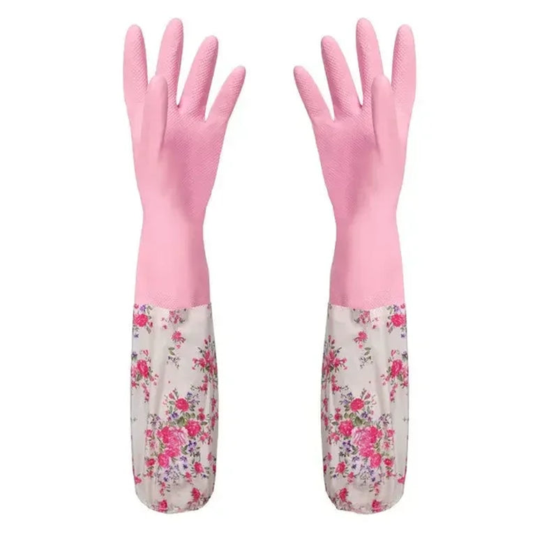 Flower Rubber Velvet Long Gloves Household Gloves Antiskid Household Dish Washing Cleaning Gloves